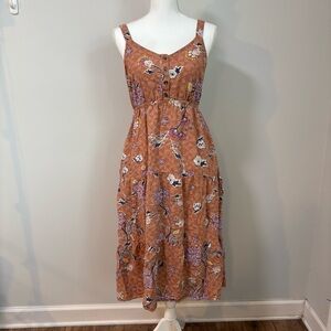 Boho Cottagecore Floral Midi Dress Linen Blend Pockets Adjustable Straps M
